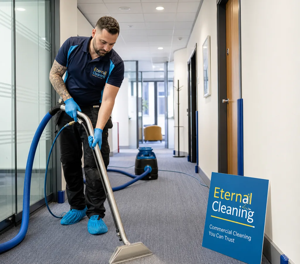 Professional carpet cleaner extracting soil from an office corridor carpet in Leeds with protected corners and neatly managed hoses