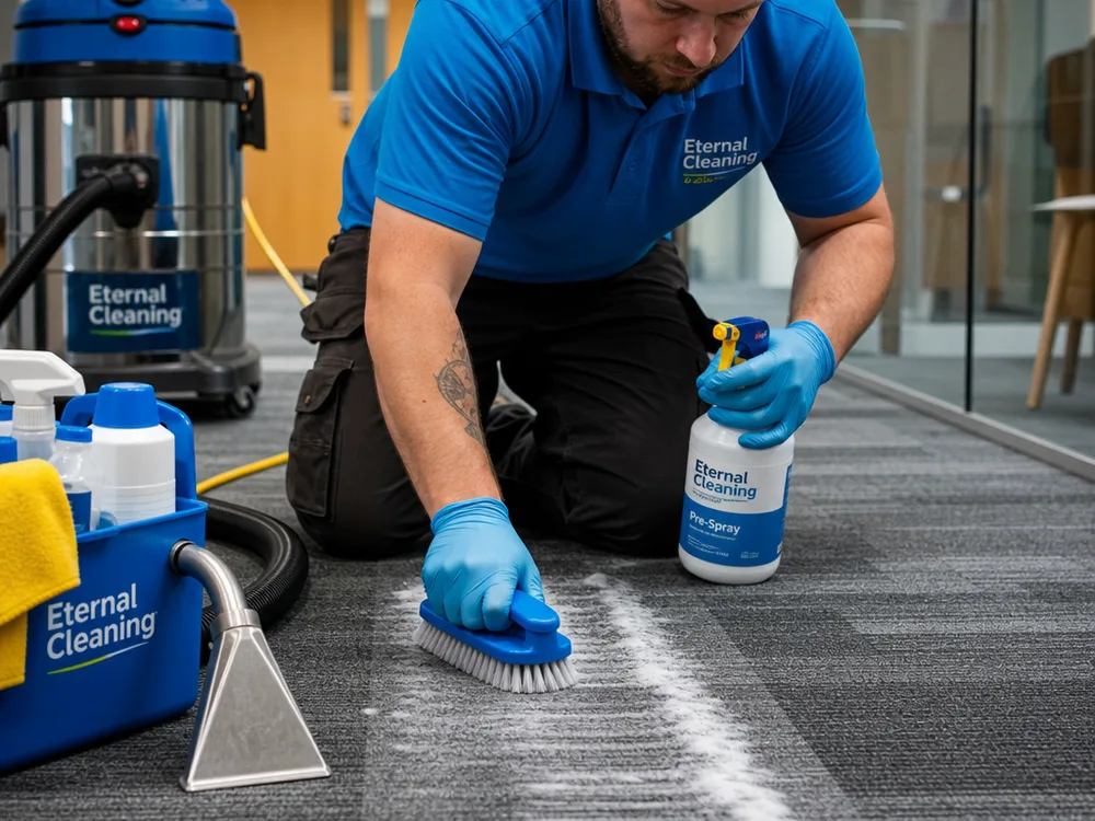Technician applying and brushing pre-spray into a high-traffic carpet lane before extraction