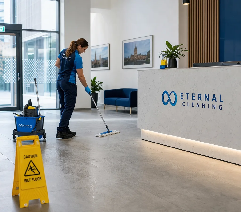 Commercial cleaner in PPE cleaning a modern Leeds office reception with wet-floor signage