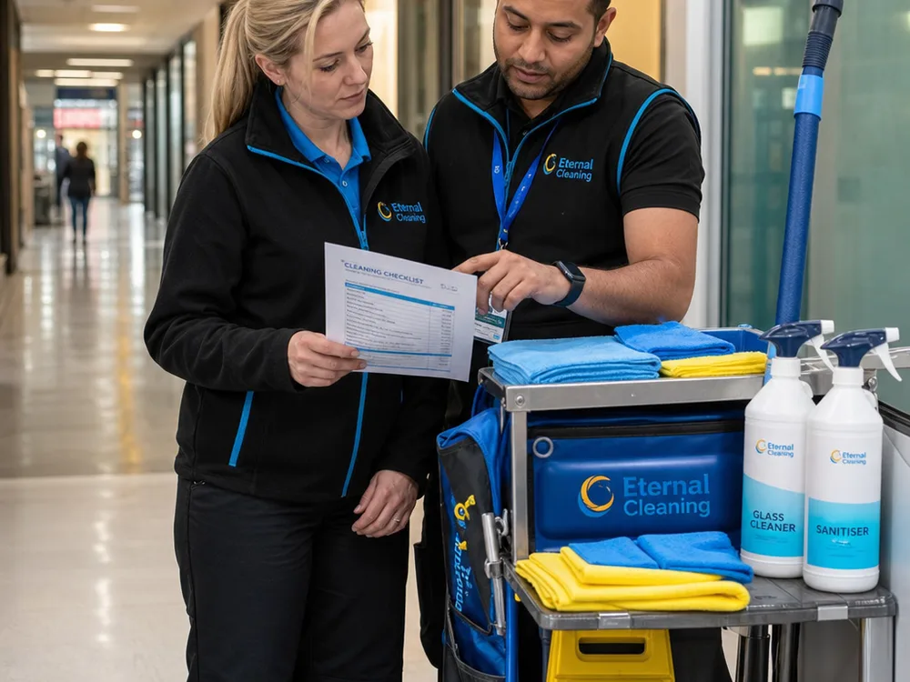 Cleaning supervisor reviewing a checklist with a cleaner in a Leeds commercial corridor
