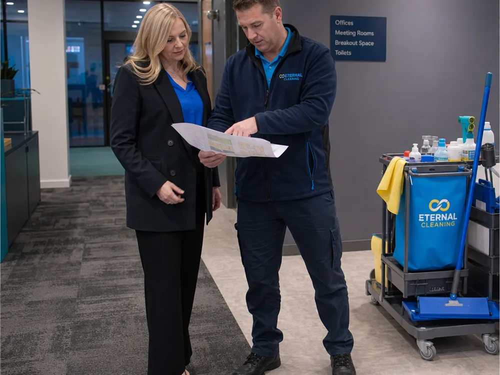 Supervisor reviewing a cleaning specification and site map with a client in a Leeds commercial corridor