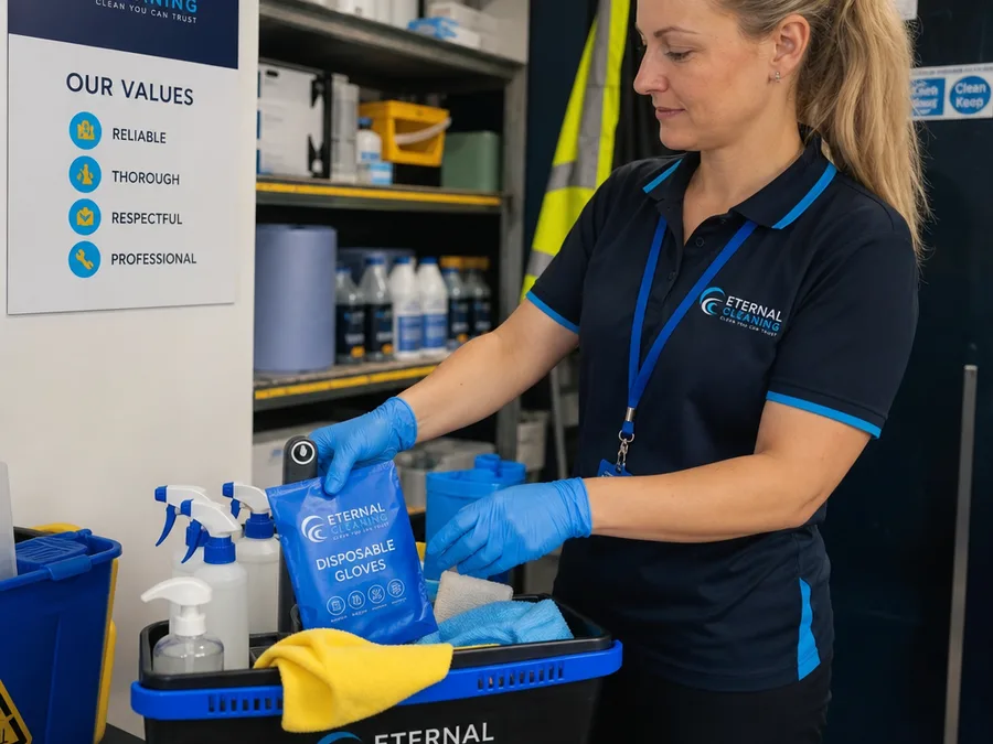 Eternal Cleaning team member preparing labelled supplies and PPE for a commercial job